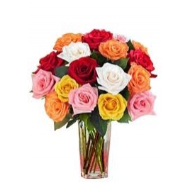 12 Mix Roses In A Glass Vase